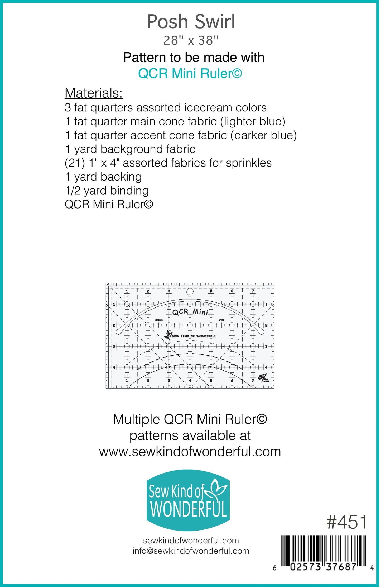 Sew Kind of Wonderful Posh Swirl Quilt Pattern #451 Finished Size 28"x38" (SKW Rulers Sold Separately)