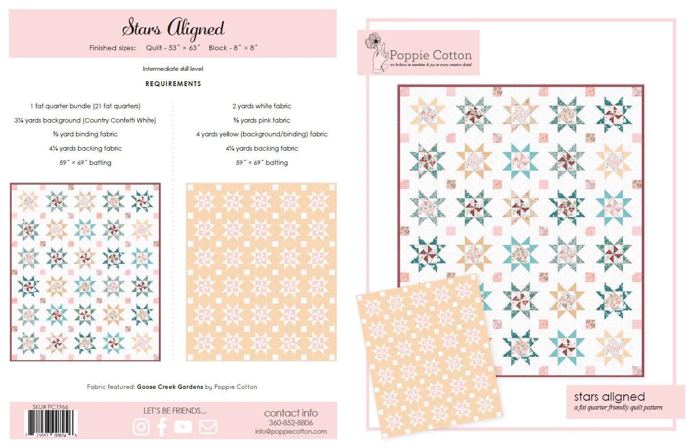 Poppie Cotton Stars Aligned Quilt Pattern PC1966 Finished Size: 53"x63"