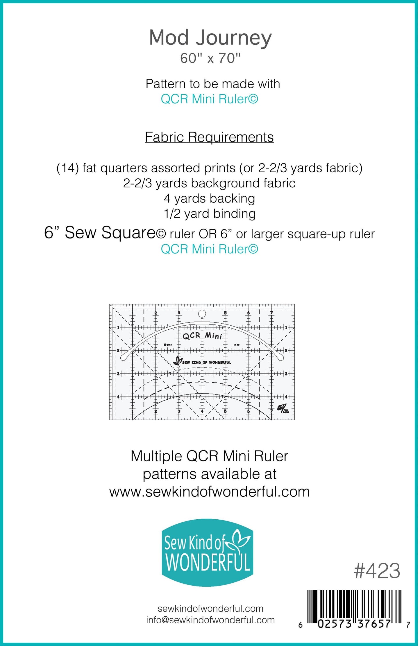 Sew Kind of Wonderful Mod Journey Quilt Pattern #423 Finished Size 60"x70" (SKW Rulers Sold Separately)