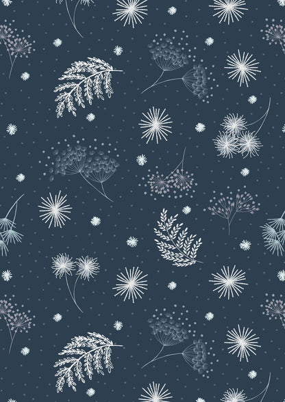 Lewis & Irene Secret Winter Garden Fabric Collection Frosted Garden on Dark Blue with Pearl Elements A659.3