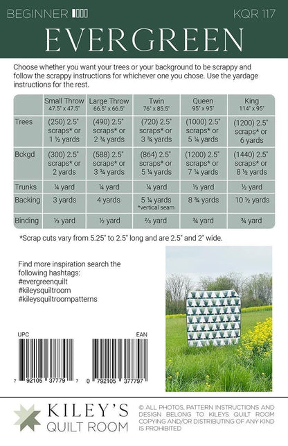 Kiley's Quilt Room Evergreen Quilt Pattern KQR117 - 5 Size Variations Per Pattern