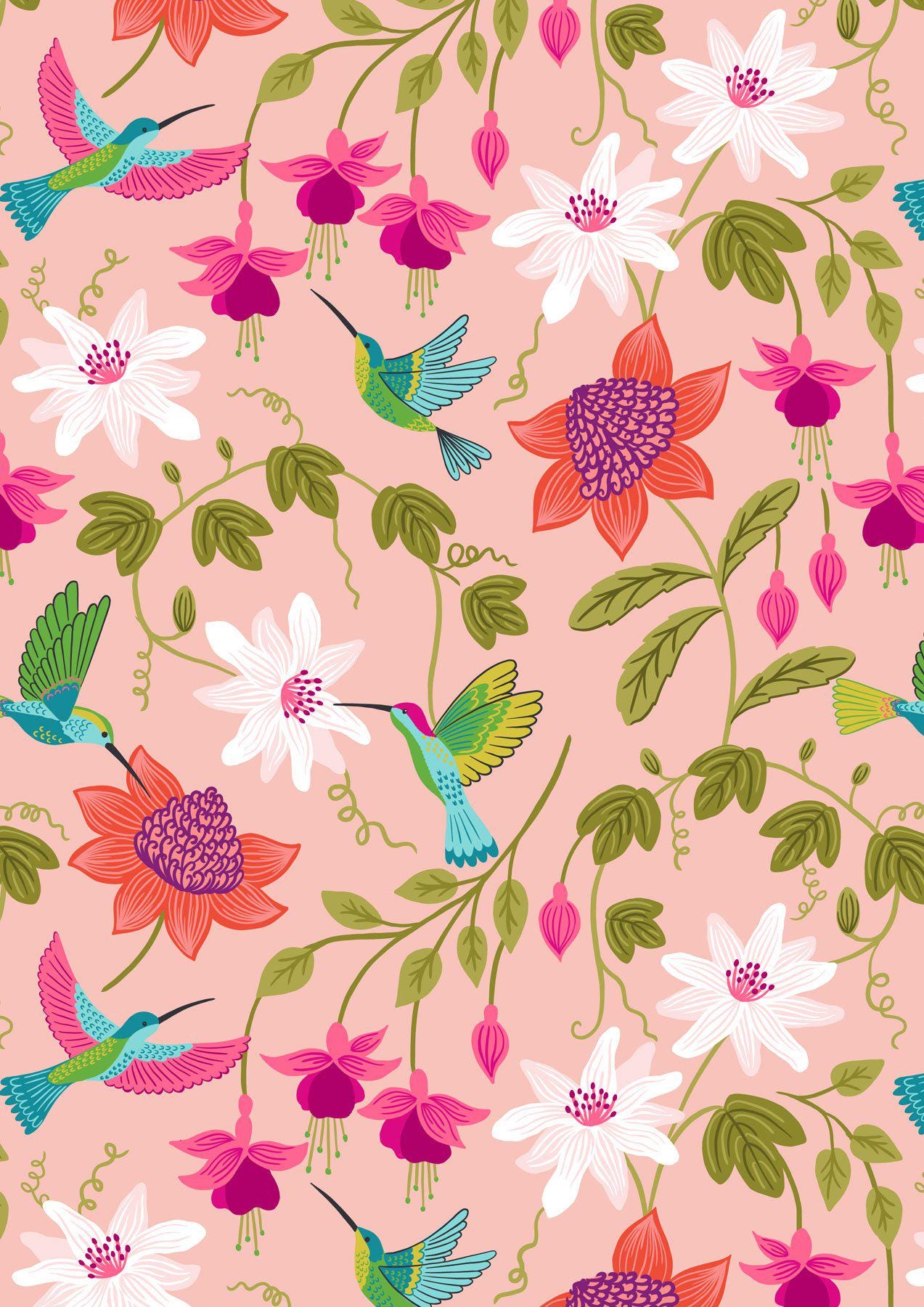 Lewis & Irene Hibiscus Hummingbird Fabric Collection Hummingbird Large Floral on Blush Pink A593.1