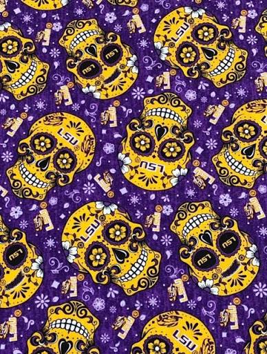 Sykel LSU Tigers (Louisiana State University) Sugar Skulls Print Fabric Authentic Premium 100% Cotton Quilt Shop Quality Fabrics