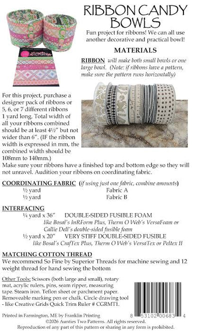 Aunties Two Ribbon Candy Bowls Pattern AT683 - 3 Size Variations Per Pattern